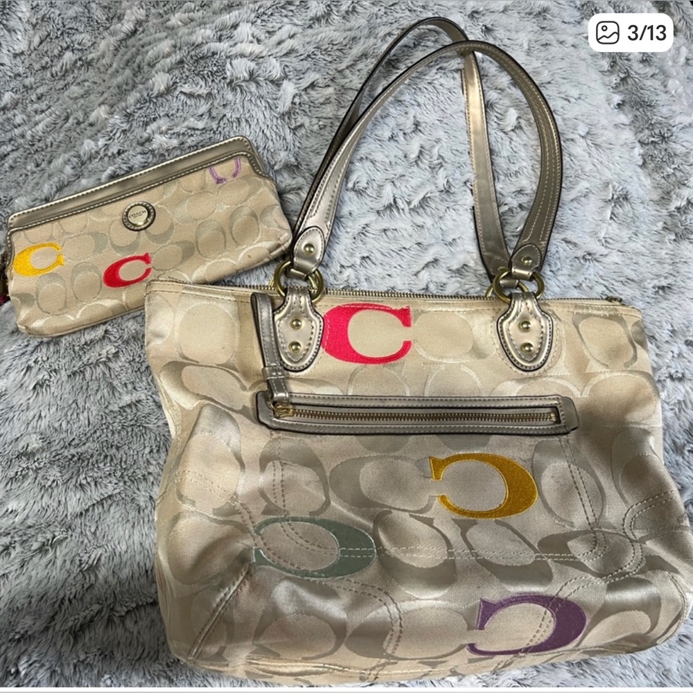 4TH OF JULY SPECIAL ❤️🤍💙 Coach Beige Signature Tote with Multicolor C Accents